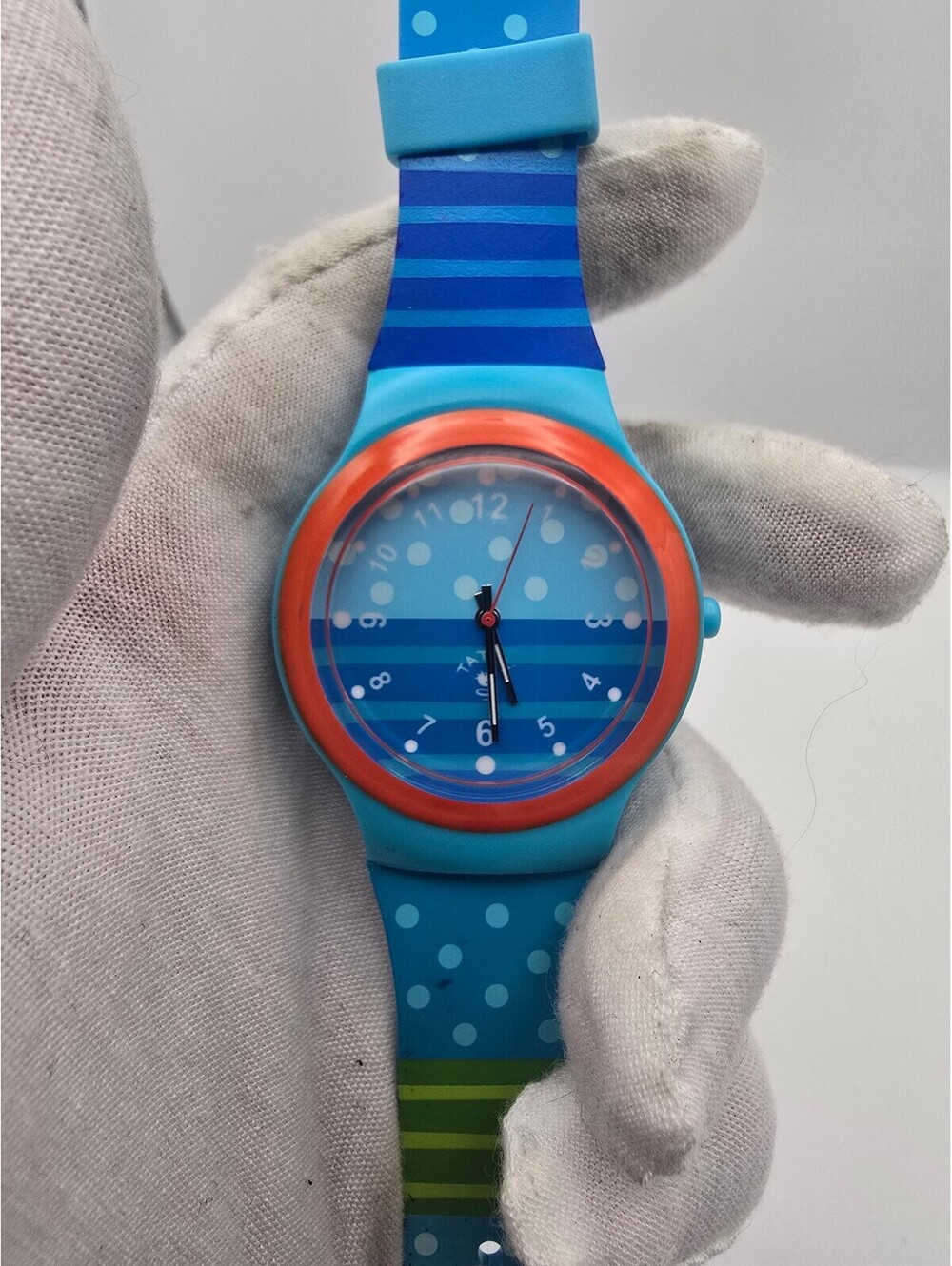 Watch Kids Blue Polka Dot Striped Silicone Strap Orange Bezel Analog Quartz